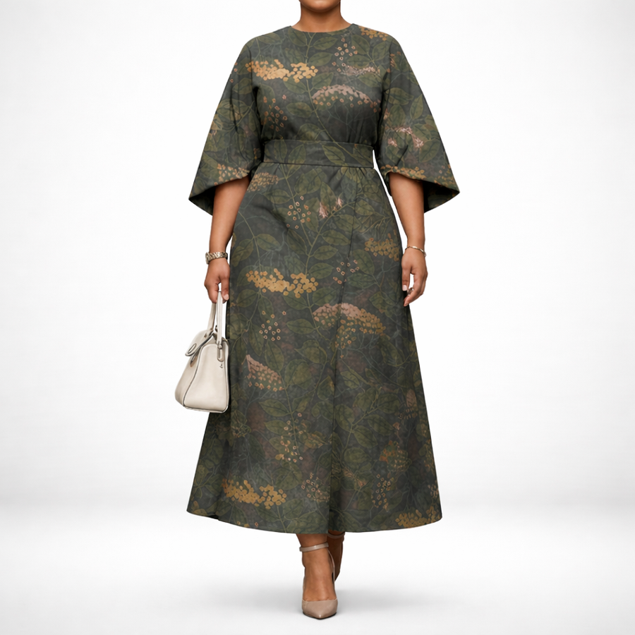 VERDARA | Botanical Midi with Sculpted Waist and Natural Elegance
